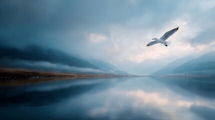 Fototapeta premium A solitary seagull soars over a serene mist shrouded lake with majestic mountains reflecting in calm waters under an atmospheric sky