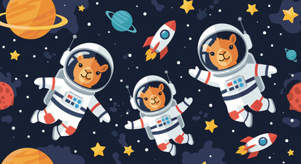 Happy astronaut camelids explore the galaxy with planets stars and rockets Fun space adventure