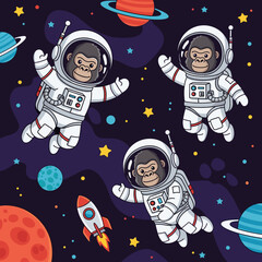 Cute cartoon astronaut gorillas exploring a vibrant outer space with planets and stars