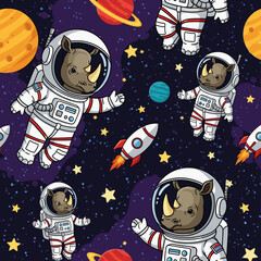 Rhino astronauts explore vibrant outer space with planets and rockets Kids cosmic adventure