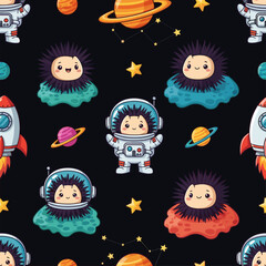 Adorable cartoon space pattern with cute alien explorers rockets and planets Childlike wonder
