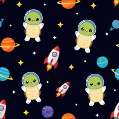 Adorable astronaut turtles rockets and planets create a playful seamless space pattern