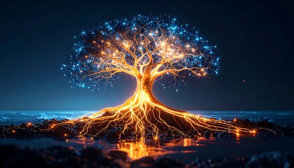 Glowing Tree Illustration on Water at Night with Lights