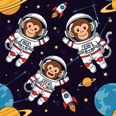Smiling astronaut monkeys explore space with planets and rockets Fun cheerful design for kids themes