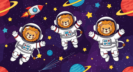 Cute cartoon lions in astronaut suits exploring outer space with planets and stars Childhood adventure