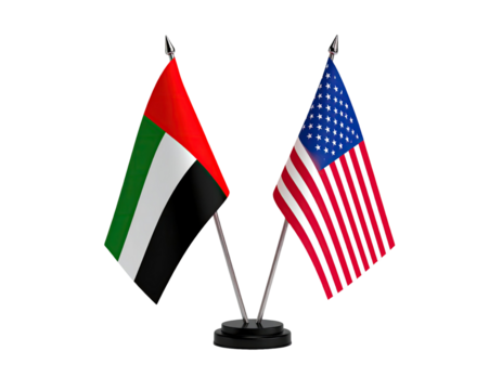 Table flag of United Arab Emirates and America small desk stand with national country symbols international diplomacy decoration isolated on white background