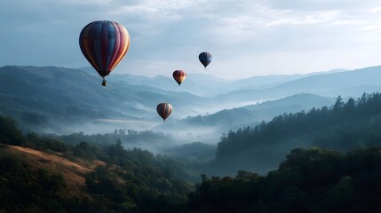 Fototapeta premium Colorful hot air balloons drift over misty rolling mountains under a hazy sky