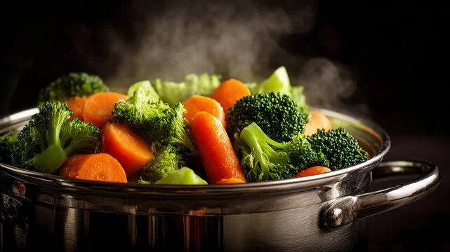 Steamed mixed vegetables (broccoli and carrots) in a pot.
