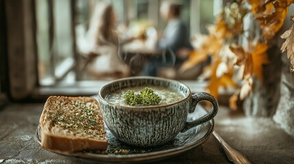 Creamy soup with pesto and whole grain toast on a rustic wooden table.