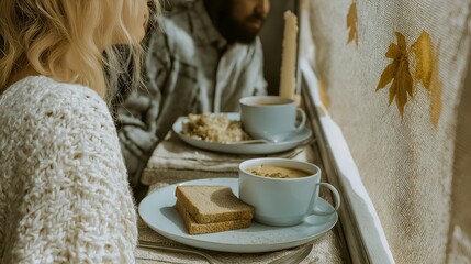 Couple enjoying a cozy breakfast with coffee and sandwiches.