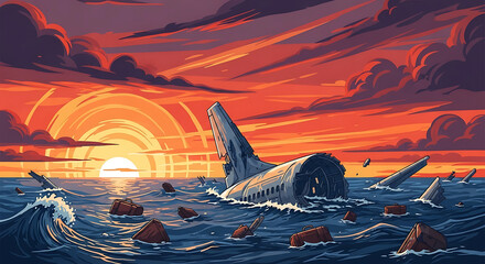 Aircraft wreckage in the ocean at sunset