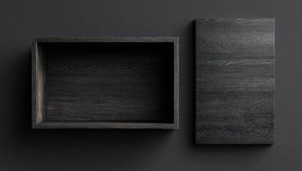Empty dark wooden box open on dark background