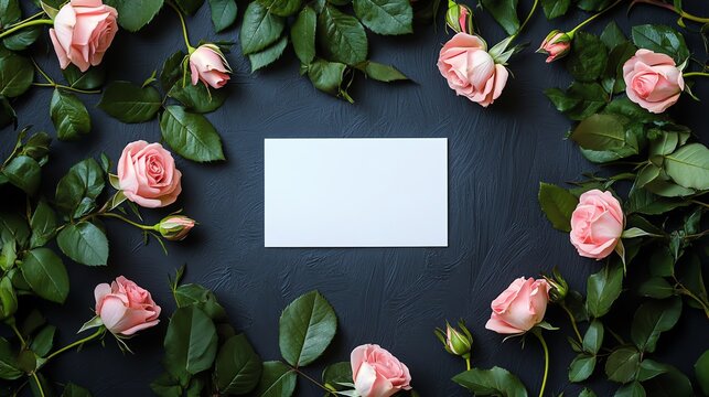 Elegant pink roses frame a blank card.