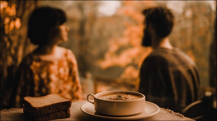Couple enjoying a warm soup in a cozy outdoor setting. Relaxed atmosphere, delicious meal.