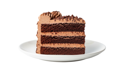Slice of triple layer chocolate cake on plate isolated PNG with Transparent Background