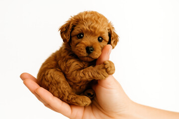 Adorable tiny brown puppy curled in human hand isolated on white newborn small dog pet adoption concept cute toy breed portrait studio stock photo
