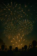 Crowd watching golden fireworks at night festival celebration with bright bursts in dark sky people silhouettes recording with phone holiday event party background