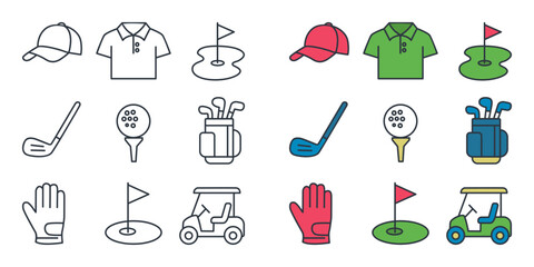 Collection of Golf Icons on Light Background Featuring Caps, Polo Shirts, Flags, Golf Clubs, Balls, Tees, Bags, Gloves, and Golf Carts in Outline and Color Styles