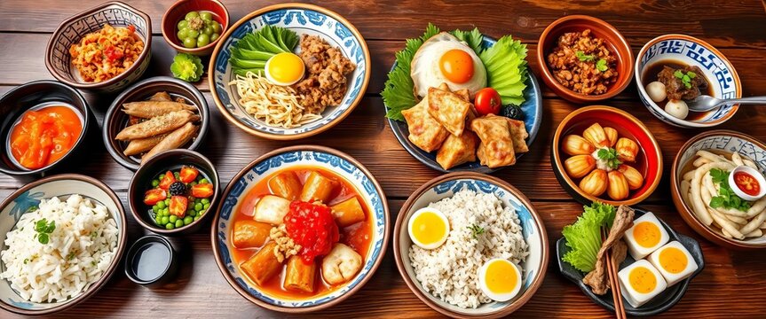 Varied Japanese dishes artfully arranged on a rustic wooden table, soy sauce, home cooking