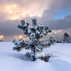 A small pine tree covered in snow, bathed in the soft light of a winter sunrise or sunset.  Vast expanse of snow