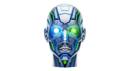 Cyborg head with glowing blue and green eyes isolated PNG with Transparent Background