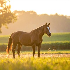 A horse in a golden sunset field