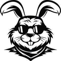 Black and white rabbit head illustration sporting sunglasses has a cool, fun appearance