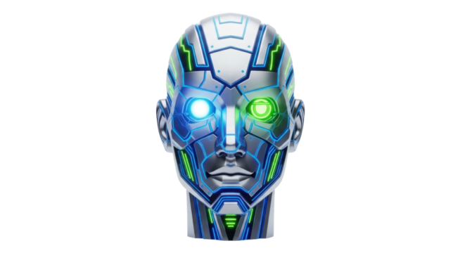 Cyborg head with glowing blue and green eyes isolated PNG with Transparent Background