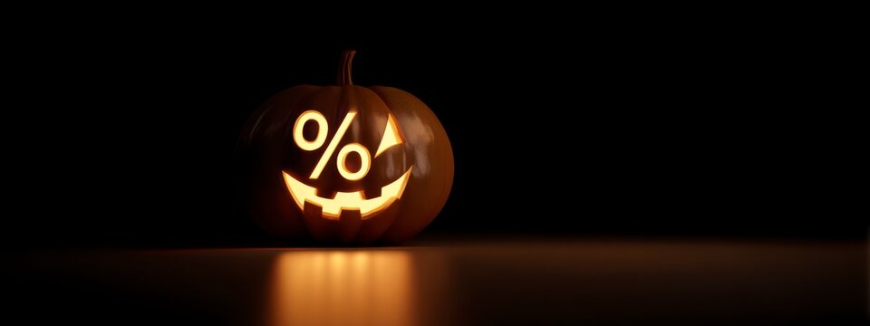 Glowing Halloween pumpkin carved with a percent symbol as face design. Concept of spooky discount and seasonal sale in night atmosphere. banner 