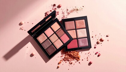 Two makeup palettes, various shades of pink and rose, on a light pink background