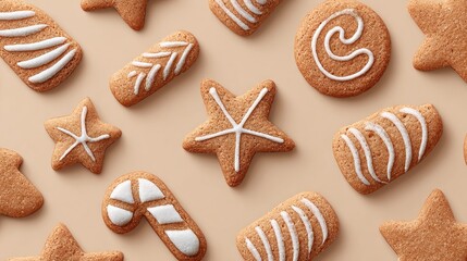 Assorted Christmas sugar cookies with colorful icing on gray background. sugar cookies in shapes like stars, bells, and candy canes, decorated simply with icing, holiday dessert decoration