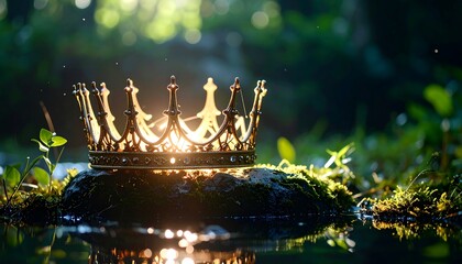 Golden Crown on Mossy Stone in Sunlight with Forest Background