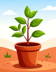 A small plant in a terracotta pot, desert landscape