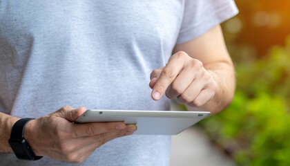 Close-up of a man in a grey shirt holding and using a white digital tablet computer outdoors with a sunny, natural background.