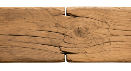 Old teak wood beam joint, weathered surface, transparent background