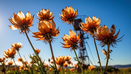 Golden Flowers Reaching Towards the Sky Under Blue Sunlight