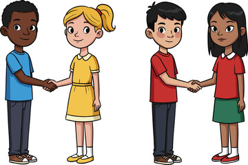 Cartoon children shaking hands, friendship agreement, teamwork illustration, boy and girl vector characters, cooperation, unity, respect, positive relationship concept