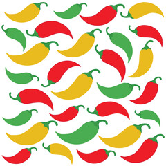 Set of hand drawn chili fruits with leaves. Summer design for pattern, poster, card, fabric, banner, wallpaper.	