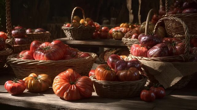 Autumn pumpkins in wicker baskets displayed on a rustic wooden table at a market.