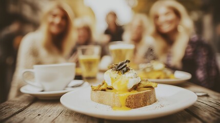 Outdoor cafe brunch scene with friends enjoying food and drinks.