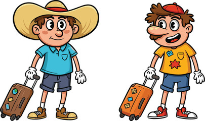 Cartoon travelers with luggage, funny tourists in casual clothes, holiday journey, summer vacation trip, airport travel adventure, happy tourism character illustration