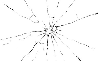 Cracked Pieces Broken Glass Hole on white Background