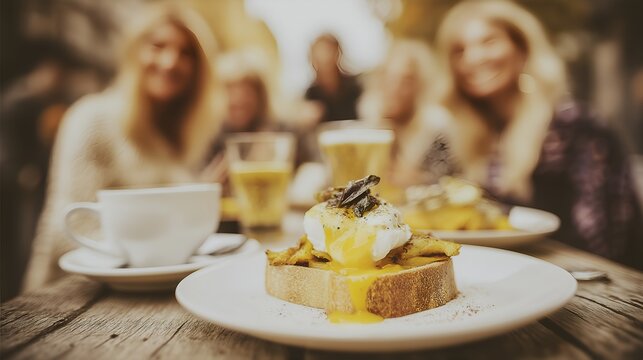 Outdoor cafe brunch scene with friends enjoying food and drinks.