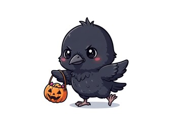 Obraz premium Cute cartoon crow with jack o lantern candy bucket bird kawaii