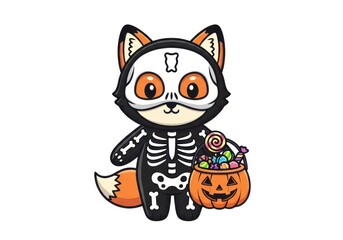 Cute cartoon fox in skeleton costume holding a pumpkin candy bucket animal illustration