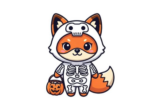 Cute cartoon fox wearing a skeleton costume holding a pumpkin candy bucket animal halloween