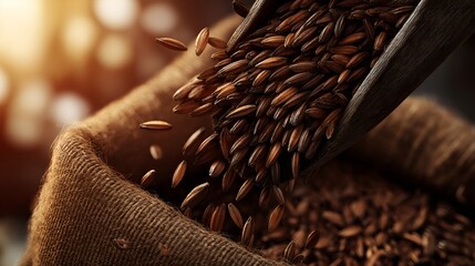 Close up of brown rice being scooped from a burlap sack with warm sunlight.