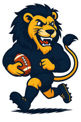 Fierce lion mascot running with american football aggressive sports team logo concept cartoon vector illustration isolated on white competitive game spirit school club branding