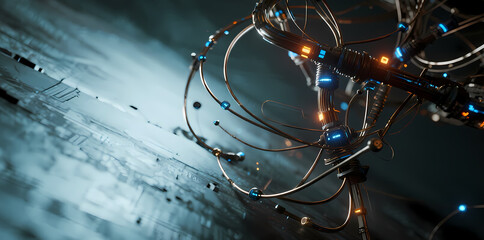 Complex network of illuminated cables and connectors on a metallic surface