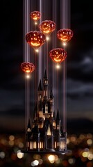 Fantasy Halloween castle with flying pumpkins, Halloween pumpkin mystical night sky, surreal Halloween castle scene with glowing pumpkins for dark fantasy seasonal illustration